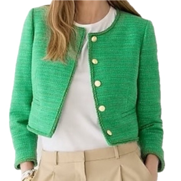 J. Crew Louisa Lady Summer Green Sequin Tweed Knit Gold Button Jacket | Size 6 - Picture 2 of 16